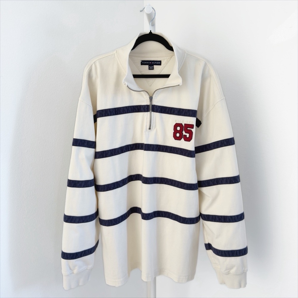 VTG Tommy Hilfiger Striped Rugby Quarter Zip Pullover Mens XXL Preppy Americana